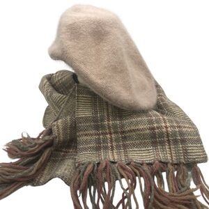 David & Young Light Pink/Beige Angora Hat Beret W/ Tartan Plaid
Wool Scarf